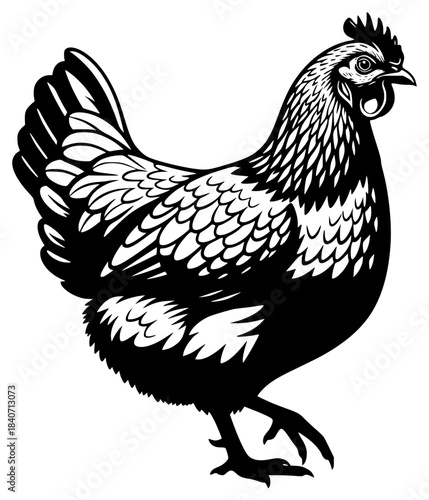 A black and white illustration of a chicken, black, chicken, cock, hen, illustration, profile, stand, white, against transparent background