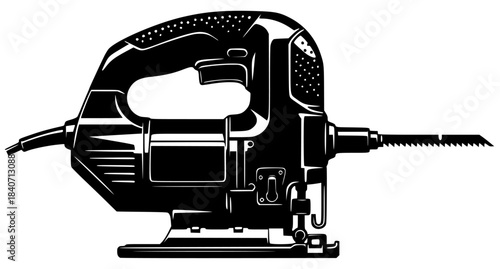 A black and white illustration of a jig saw, black, blade, chain saw, drill, equipment, icon, illustration, profile, saw, screwdriver, tool, against transparent background