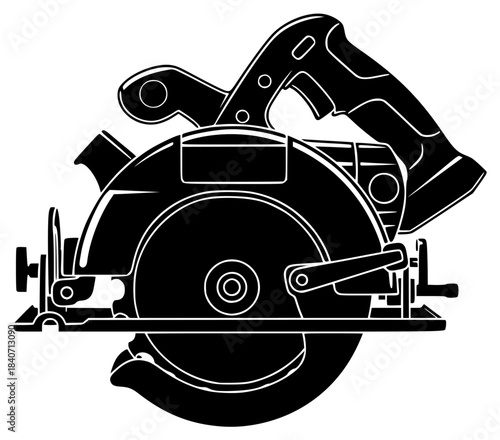 A circular saw icon in black and white, black, blade, chain saw, cut, equipment, icon, illustration, profile, saw, tool, against transparent background