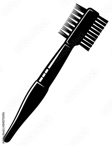 A black and white silhouette of a toothbrush with a long handle, black, brush, icon, illustration, profile, tool, toothbrush, against transparent background