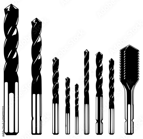 A set of different types of drill bits silhouettes, black, brush, comb, cosmetic, drill, illustration, mascara, razor, screwdriver, shear, tool, against transparent background