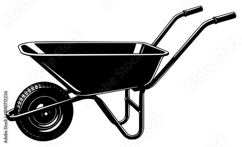 A black and white silhouette of a wheelbarrow, black, cart, handcart, illustration, profile, push, shovel, tire, wheel, against transparent background