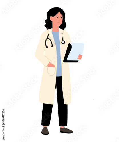 Woman doctor in doctors coat. Woman with stethoscope around her neck. Girl smiling and holding clipboard. Professions collection.
