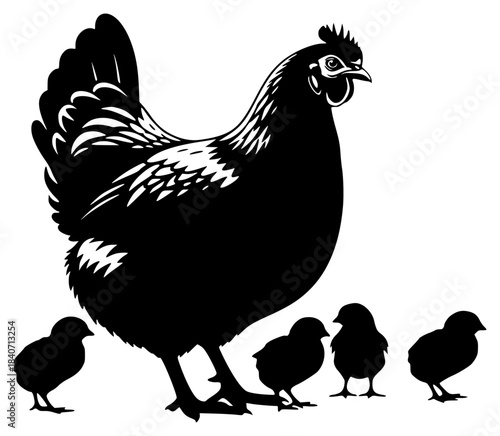 A black and white silhouette of a chicken and four small chicks, bird, black, chicken, cock, hen, illustration, profile, stand, against transparent background