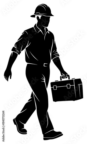 A silhouette of a construction worker walking with a briefcase, baseball hat, black, briefcase, carry, hat, illustration, man, profile, sun hat, toolbox, walk, against transparent background
