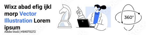 Strategic thinking, technology concepts, scientific discovery, professional education, virtual learning, decision-making. Chess piece, professional interacting with laptop, and 360-degree icon