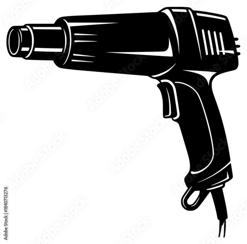 A black and white silhouette of a hair dryer, black, drill, gun, hair drier, icon, illustration, iron, profile, screwdriver, spray, tool, against transparent background