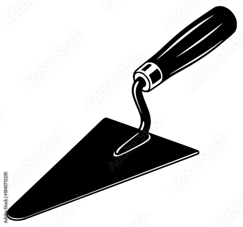 A black and white illustration of a trowel, black, brush, draw, dustpan, flat, handle, icon, illustration, paint brush, profile, roller, shovel, spatula, tool, against transparent background