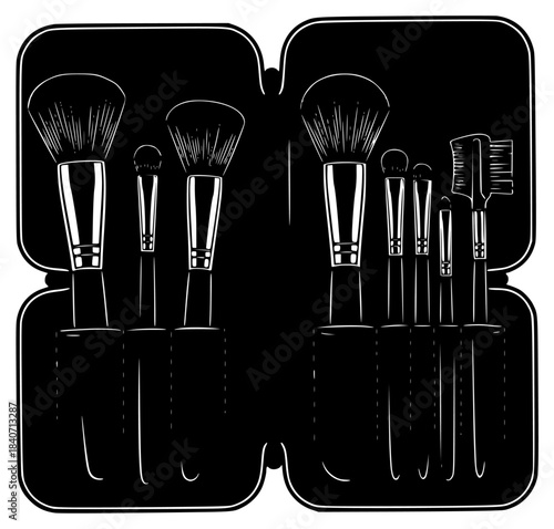 A set of makeup brushes in a black and white illustration., black, brush, case, container, cosmetic, illustration, makeup tool, paint brush, tool, against transparent background