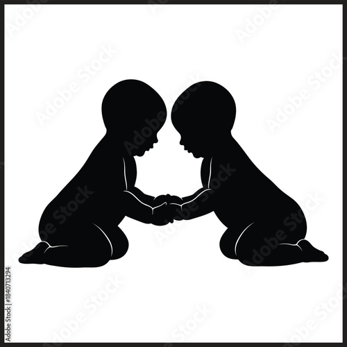 Silhouette of two babies holding hands while sitting on white background infants toddlers