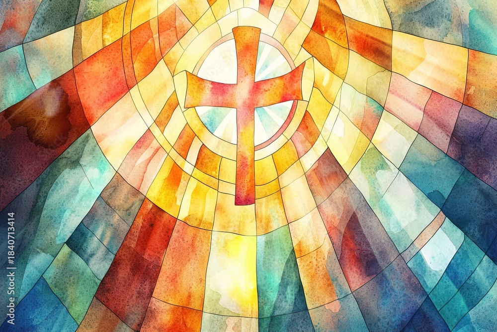 Obraz premium watercolor postcard bright colors fill space as cross stands at center of stained glass. Sunlight shines through, creating mix of color patterns across area during day