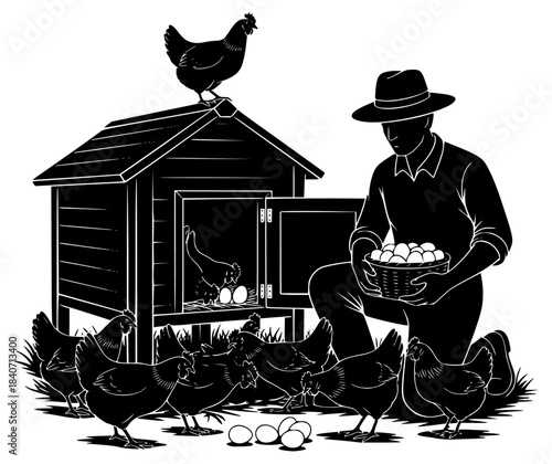 black and white silhouette of a farmer feeding hens with a basket of eggs in front of a chicken coop on a farm
