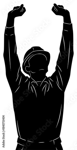A silhouette of a man raising his arms in triumph, arm, athletic, belt, black, hand, head, illustration, karate, lift, man, martial, muscle, profile, robe, stretch, against transparent background