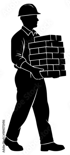 a black silhouette of a person carrying a brick in a wall, a worker carrying a brick in a wall illustration
