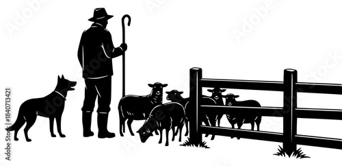 a black silhouette of a man with a cane standing next to a fence with sheep and a dog

