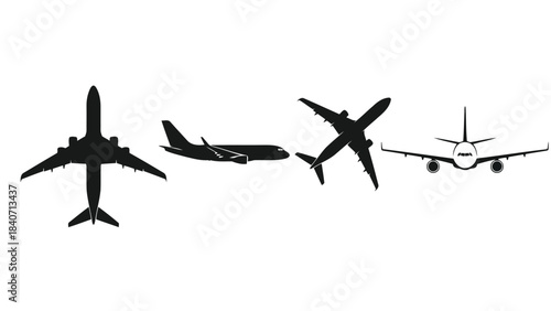 Four airplanes in different positions on white background