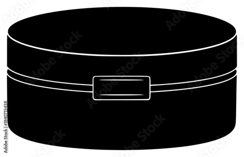 A black and white illustration of a round box with a rectangular label, black, briefcase, container, cosmetic, footstall, hassock, hat, icon, illustration, lid, against transparent background