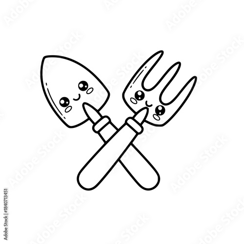 Cute Crossed Trowel and Hand Fork Line Art. Kawaii Cartoon Black and White Vector Icon for Coloring Book, Gardening Tools, or Simple Hobby Design. Generative ai 