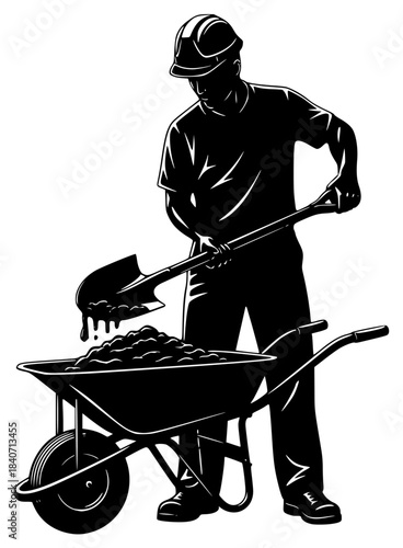 black silhouette of a worker with a wheelbarrow on a white background illustration
