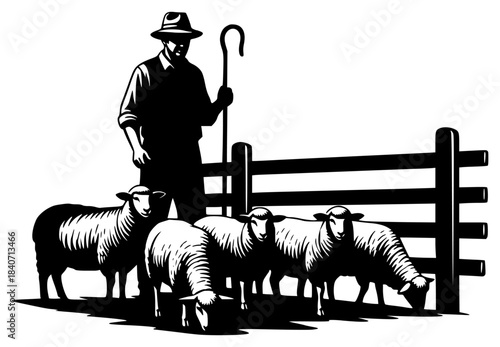 black silhouette of a farmer standing at a gate with a herd of sheep illustration
