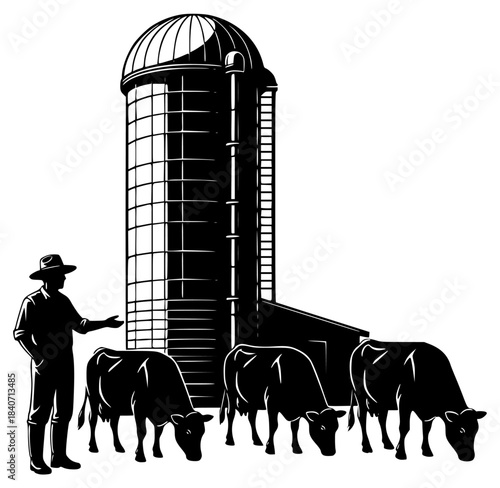 black silhouette of a man standing next to a herd of cows on a farm illustration
