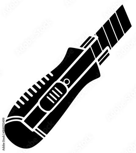 A black and white silhouette of a utility knife, black, flat, fountain pen, icon, illustration, pen, profile, style, tool, torch, against transparent background