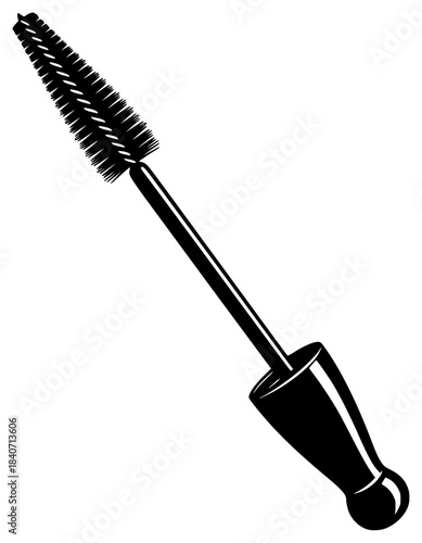 A black and white illustration of a mascara brush, black, brush, cosmetic, lash, mascara, profile, tool, against transparent background