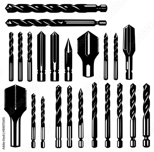 A set of black and white silhouettes of various drill bits, black, brush, chisel, comb, drill, equipment, illustration, screw, screwdriver, tool, against transparent background