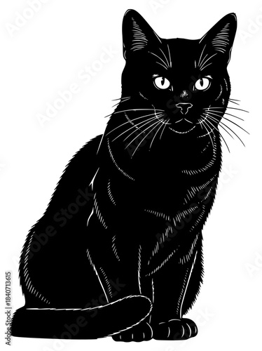 A black cat sitting in profile, looking at the viewer, black, cat, eye, illustration, neckband, sit, stare, white, against transparent background