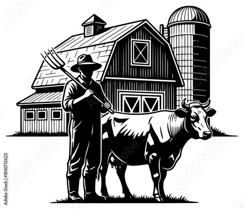 a black silhouette of a farmer standing next to a cow and a barn on a farm illustration
