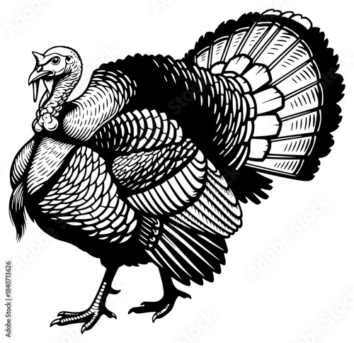 A black and white illustration of a wild turkey, black, illustration, thanksgiving, turkey, white, wild, against transparent background