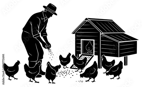 black and white silhouette of a farmer feeding the chickens on the farm
