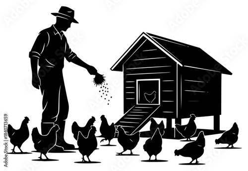 black silhouette of a farmer feeding the chickens on the farm illustration
