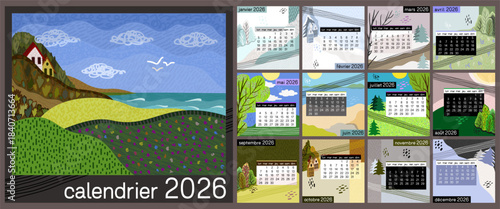 Calendar 2026 in french language. Colorful monthly calendar with various landscapes. Cover and 12 monthly pages. Week starts on Monday, vector illustration. Square pages
