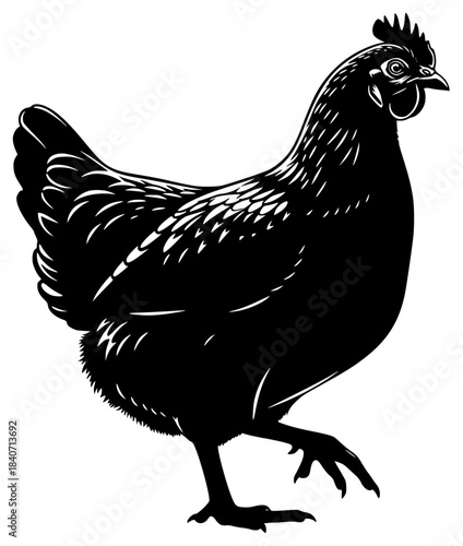 A black and white silhouette of a chicken on a plain , black, chicken, cock, hen, illustration, profile, stand, against transparent background