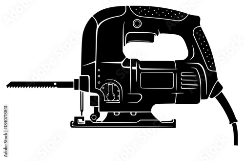 A black and white silhouette of a jig saw, black, blade, chain saw, drill, equipment, icon, illustration, profile, repair, saw, sew, sewing machine, tool, against transparent background