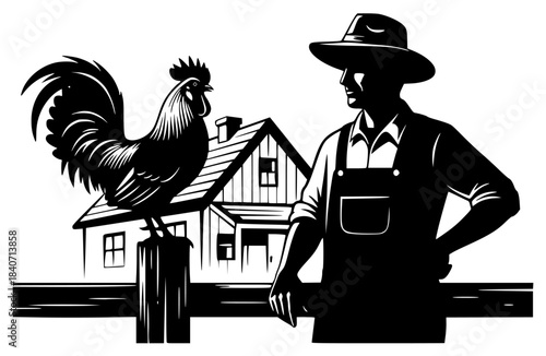 a black silhouette of a farmer holding a chicken standing on a fence with a house in the background
