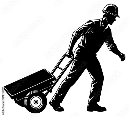 black silhouette of worker pushing wheelbarrow on white background illustration
