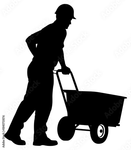 A silhouette of a construction worker pushing a wheelbarrow, baseball hat, black, cart, dolly, gardener, handcart, load, man, mower, profile, push, wagon, against transparent background