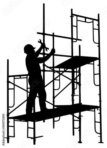 A silhouette of a construction worker on scaffolding holding a wrench, construction worker, hammer, job, ladder, man, profile, repair, scaffold, stand, tool, wrench, against transparent background
