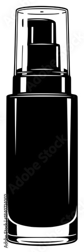 A black and white illustration of a bottle of nail polish, black, bottle, cosmetic, illustration, ink, lipstick, liquid, nail polish, perfume, against transparent background
