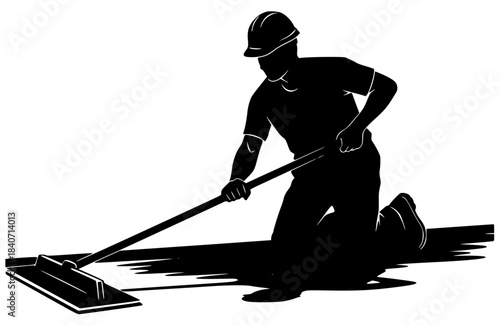 a black silhouette of a person working with a mop on the grass or floor illustration
