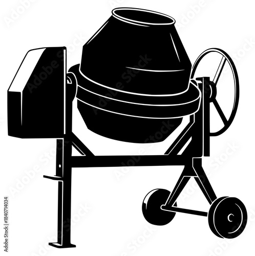 A black and white illustration of a concrete mixer, baby carriage, barrel, black, cart, cement, equipment, handcart, icon, illustration, mixer, profile, stool, wheel, against transparent background