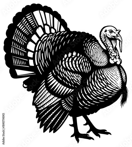 A black and white illustration of a wild turkey, black, illustration, profile, thanksgiving, turkey, white, wild, against transparent background