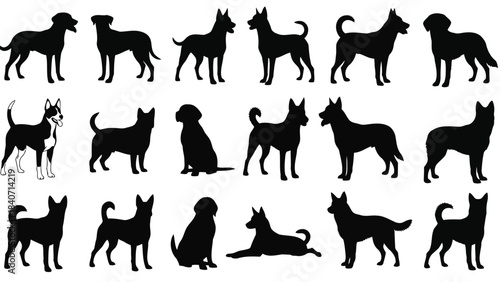 Collection of black dog silhouettes on white background