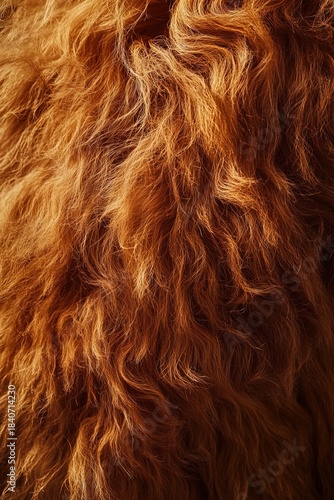 furry animal with brown coat. fur is long and thick, giving animal a warm and cozy appearance. texture of fur is rough and uneven, adding to animal's natural