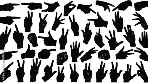 Collection of black hand silhouettes making various gestures on white background