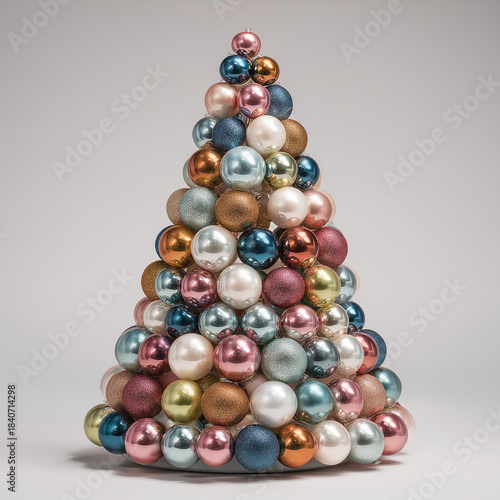 A cone-shaped Christmas tree created from shiny metallic baubles in a studio setting.