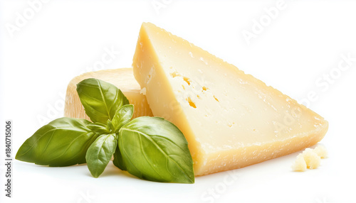 piece of cheese with basil leaves isolated on white background