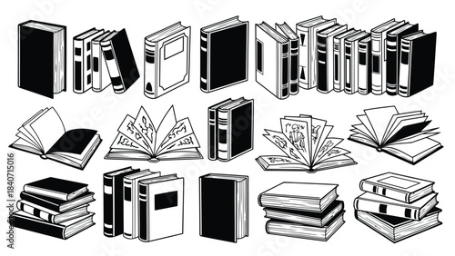 Collection of black and white book illustrations on white background